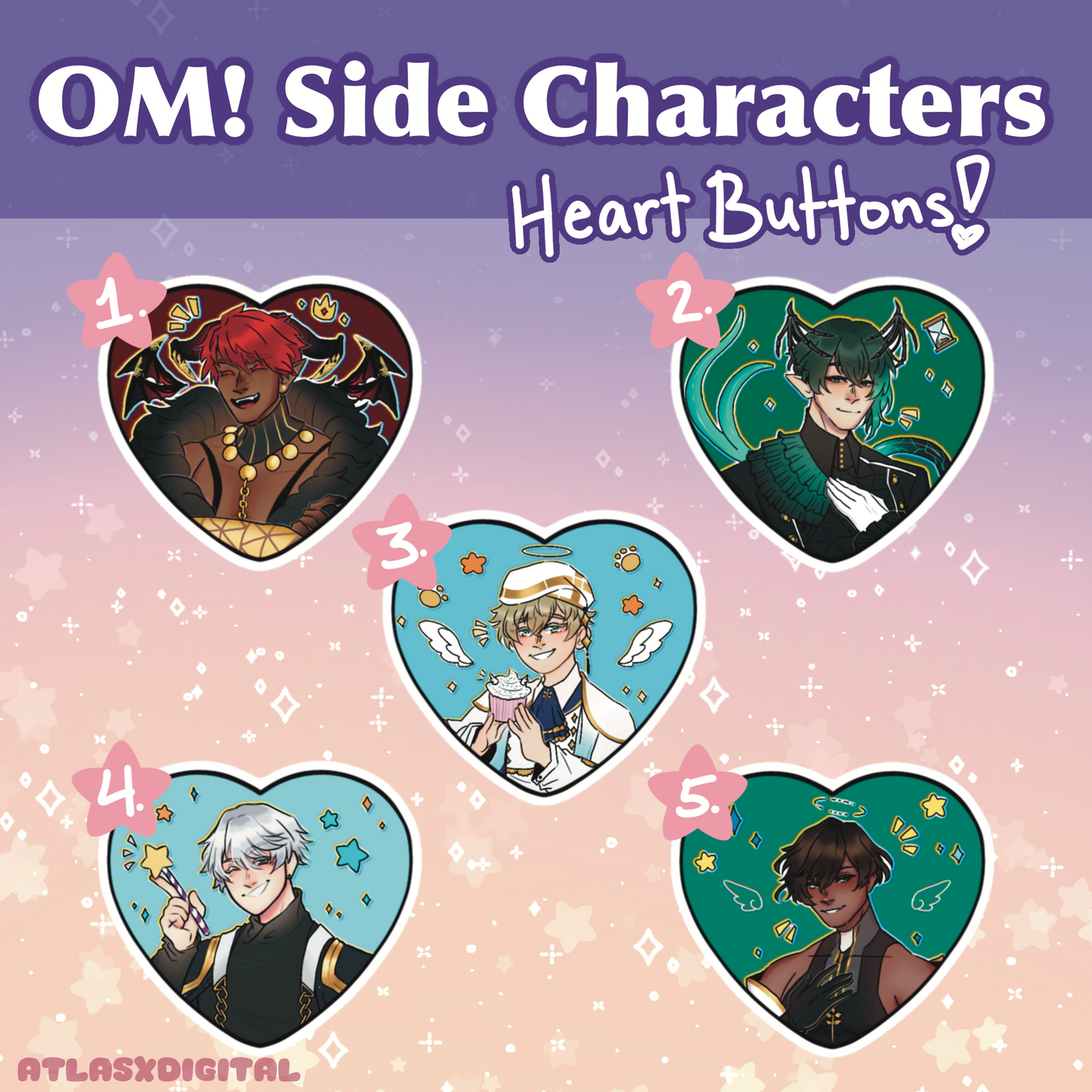 Obey Me! Side Characters - Heart Buttons!